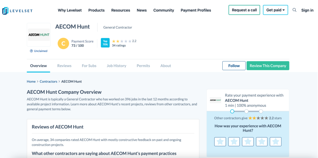 Screenshot of AECOM-Hunt's payment profile