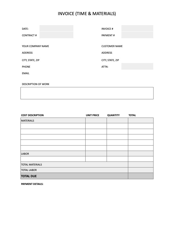 Preview of invoice template for a time and materials contract