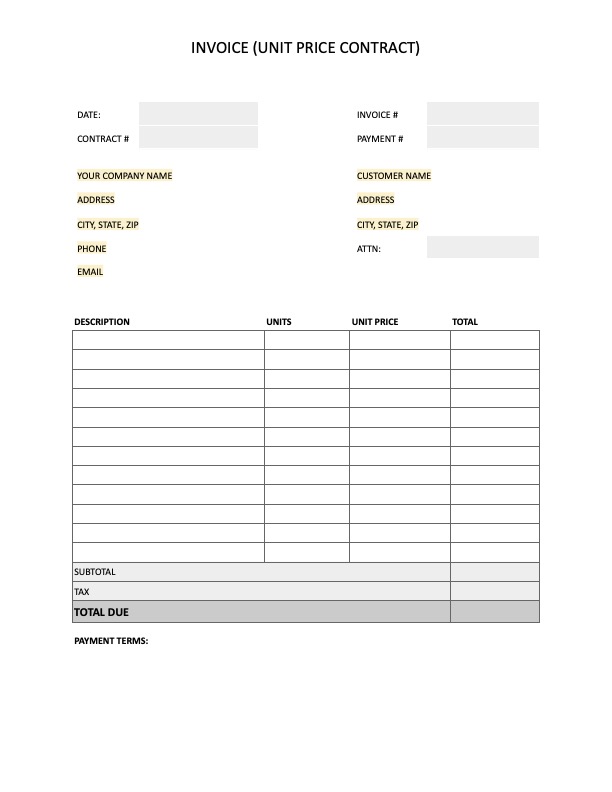 Preview of an invoice template for a unit price contract
