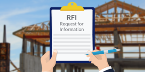 How to write an RFI in construction: illustration of RFI on clipboard and construction photo
