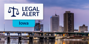 Iowa Clearwater skyline with Iowa Legal Alert graphic