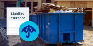 photo of waste in dumpster at construction site with contractor pollution liability illustration with umbrella