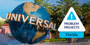 Photo of Universal Orlando entrance with Florida Problem Project graphic