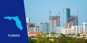 Photo of multiple buildings under construction along Florida coastline with graphic of Florida