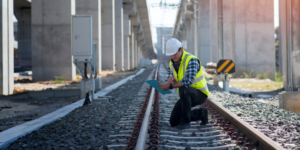 Contractor examining railroad track
