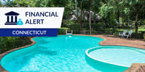 Photo of a pool with graphic that reads "Financial Alert: Connecticut"