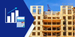 photo of unfinished apartment building structure with illustration of bar graph and calculator