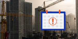 Photo of construction on city skyscrapers with delay alert symbol on top of calendar illustration