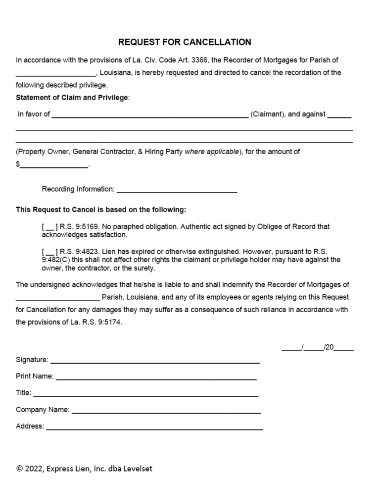 Louisiana Mechanics Lien Cancellation Form Levelset