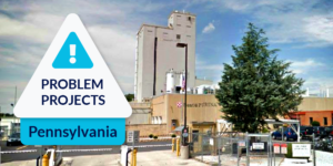 Google Street View image of the Mechanicsburg PA Purina factory with Problem Projects graphic