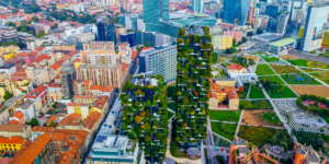 Photo showing future sustainability construction city with internal agriculture and buildings with ecologically developed exteriors with plants