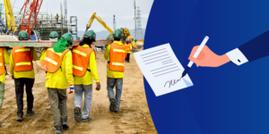 Photo of 4 construction workers facing away from the camera lifting metal material bars. The right side of the image is a superimposed illustration of a hand signing a bill.