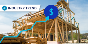 Photo of house lumber, industry trend label, and illustration of graphic line moving upward toward a dollar sign