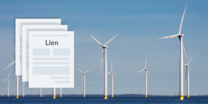 Photo of wind farm with mechanics lien document illustrations on left side