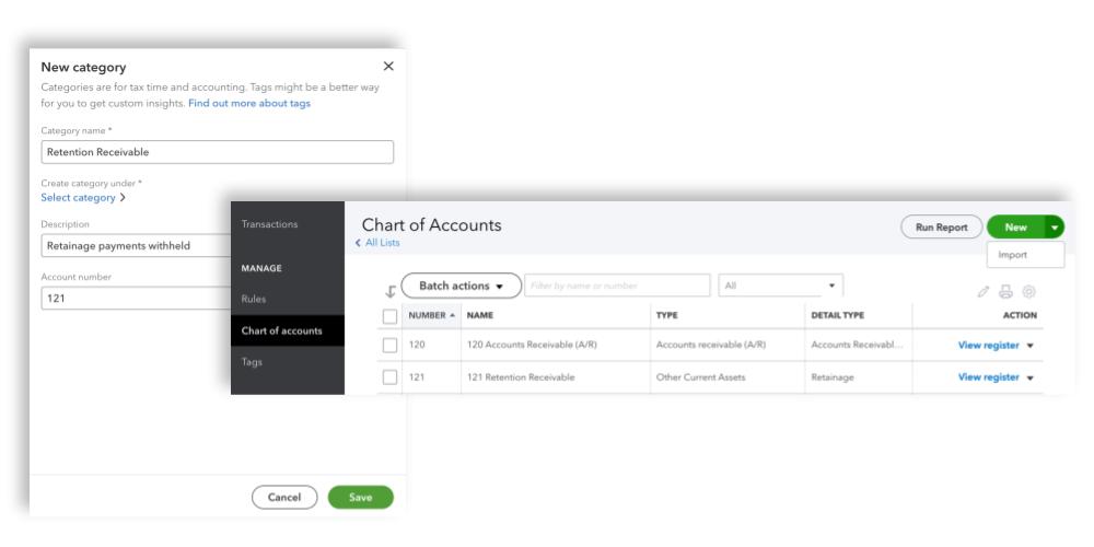 Adding Retainage Receivable to QuickBooks Chart of Accounts