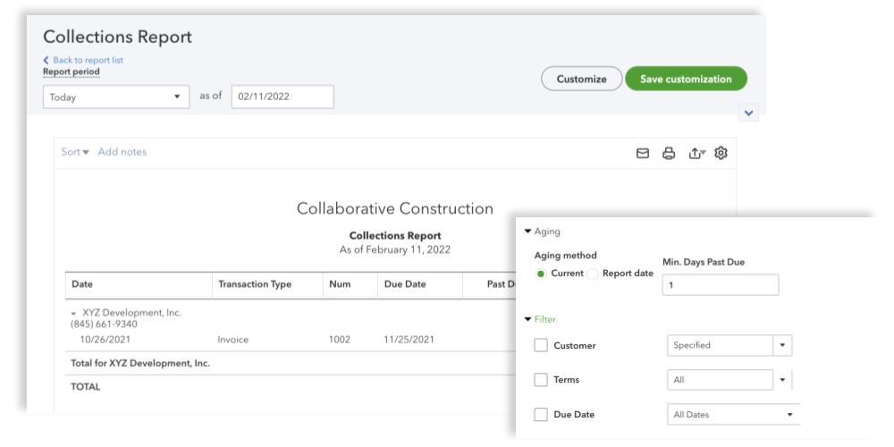 QuickBooks collections report screen with aging and filter options
