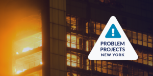 Photo of burning building with "Problem Projects: New York" icon on right side