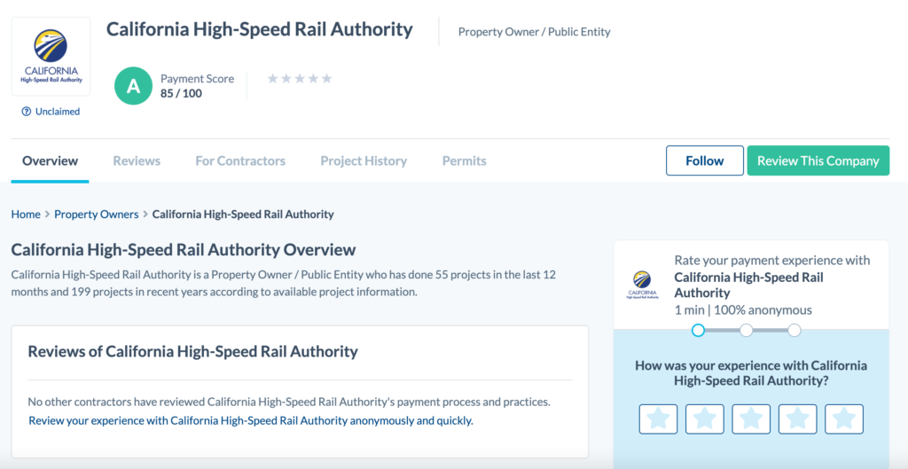 Screenshot of Levelset's California 
High Speed Rail Authority Payment Profile