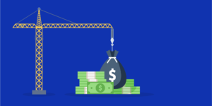 Illustration of construction crane lifting up bag with cash