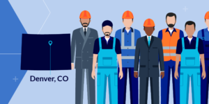 Illustration of 8 different construction workers and an outline of Colorado with a "Denver, Colorado" label