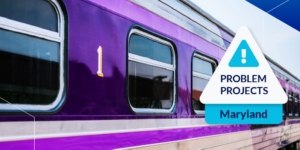 Photo of purple rail car with Problem Project: Maryland icon on right side
