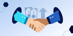 Negotiating a credit limit illustration of two hands shaking over illustration of dollars with an up arrow