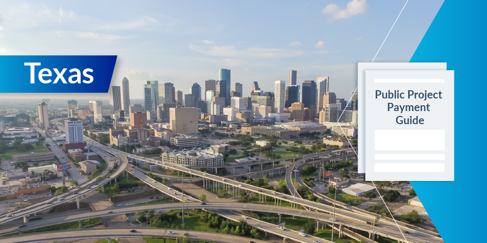 Photo of Houston skyline with Texas Public Project Payment Guide illustration on right side