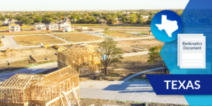 Photo of unfinished homes under construction in Texas with bankruptcy document illustration and Texas icon