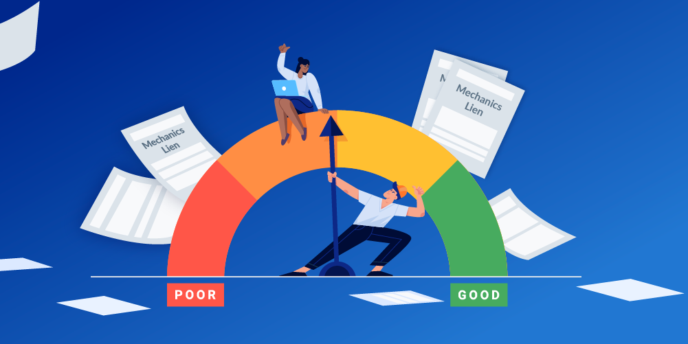 Meter of bad to good credit score with illustrations of mechanics liens in the background