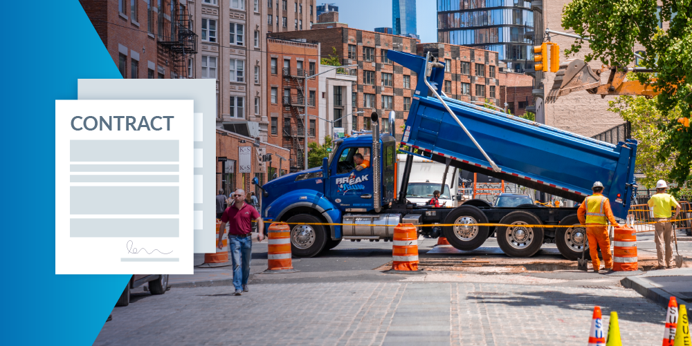 Photo of construction dump truck in New York City with contract document illustration on the left side