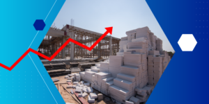 Photo of construction materials on a worksite with illustrated red economic price increase arrow pointing upward