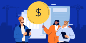 Types of capital — illustration of different types of construction professionals with background of graphs and charts and a dollar sign