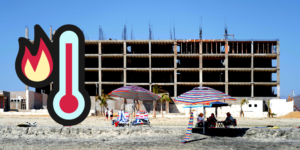 Photo of beachside structure construction in summer with thermometer icon
