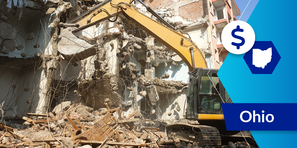 Photo of building being demolished for the Ohio Building Demolition and Site Revitalization Program with Ohio state label, illustration, and a dollar sign icon