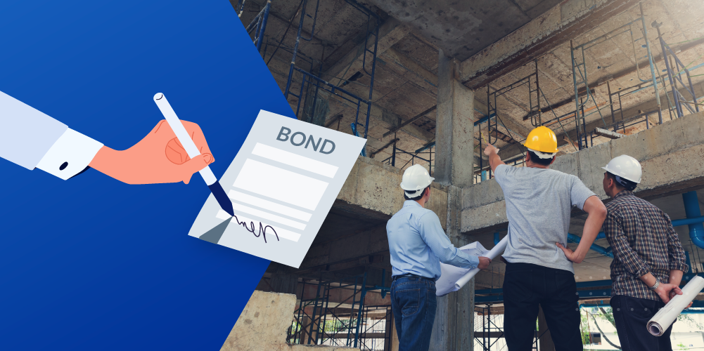 Surety bond underwriting illustration of hand signing bond over photo of 2 workers on a construction project