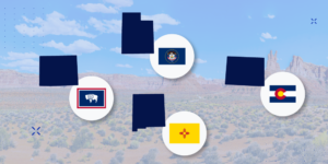 State outlines and flags for Colorado, New Mexico, Utah, and Wyoming overlaid on a photo of a desert landscape.