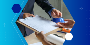Photo of person looking at CCIP insurance form on a clipboard and being offered a pen to sign