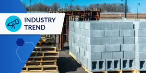 Photo of a pallet of cinderblocks with an "industry trend" label in the upper left corner