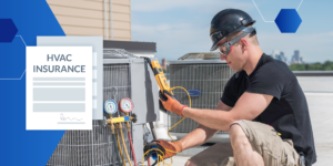 HVAC contractor insurance document illustration to the left of a photo of a HVAC technician working on an AC unit