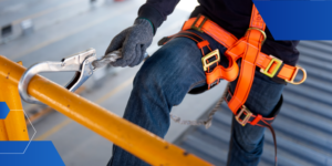Job safety analysis worker in a harness closeup photo
