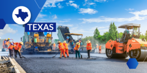 Photo of road workers moving asphalt with a Texas label and a Texas state graphic