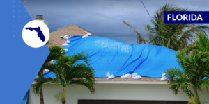 Photo of a tarp stretched over a damaged roof with Florida label and graphic outline of Florida