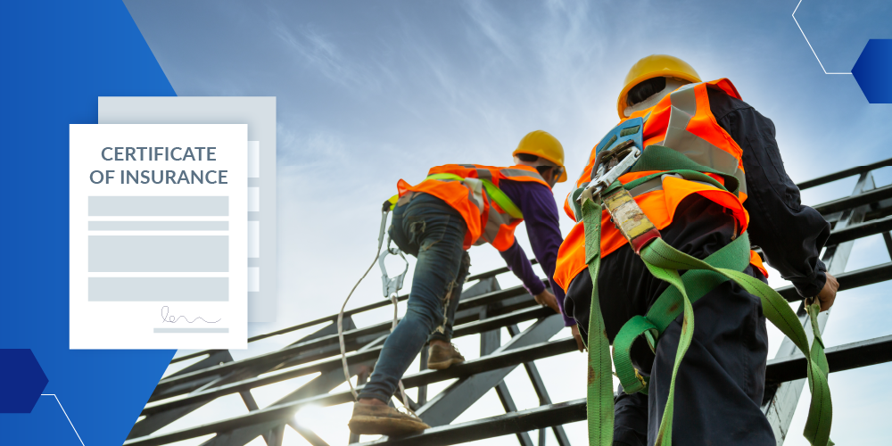 Photo of two workers climbing a structure while wearing helmets and harnesses with an illustration of a certificate of insurance for contractors on the lefthand side