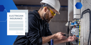 Photo of an electrician at work with an illustration of electrical contractors insurance documents