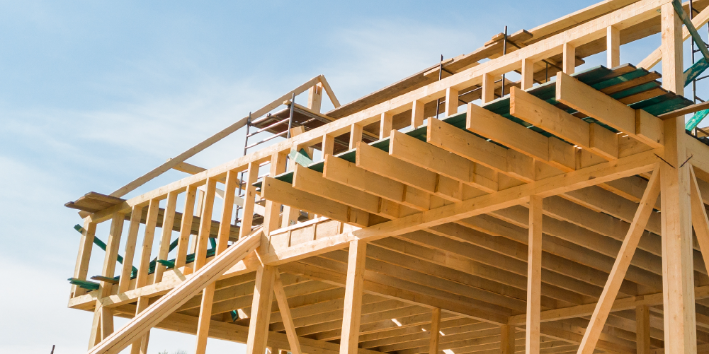 Photo of the second story of a structure made from engineered wood.