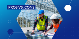 Photo of 2 construction workers at a table looking at plans to discuss alternative building materials with a "Pros vs Cons" label