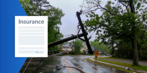 Photo of a hurricane-damaged street with an illustration of a document labeled "insurance"