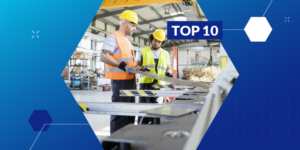 Photo of 2 sheet metal workers holding a sheet of metal with "top 10" label