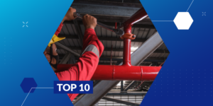 Photo of fire protection contractor installing a sprinkler in a structure with "top 10" label