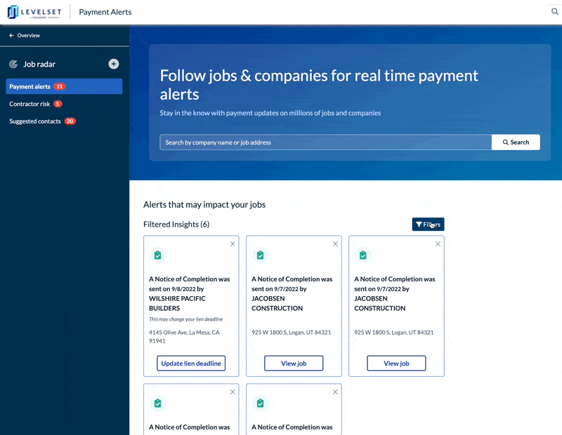 Screen recording showing user filtering payment alerts in Levelset app